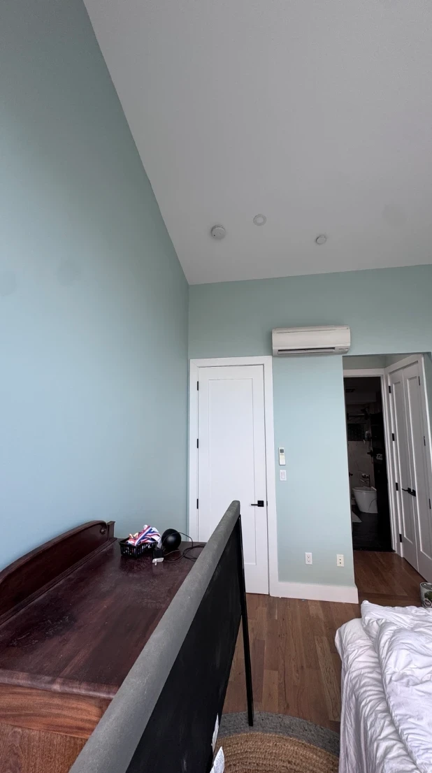 Tall soft aqua bedroom wall with a white panel door, black hardware, a wall-mounted air conditioner and hardwood floors