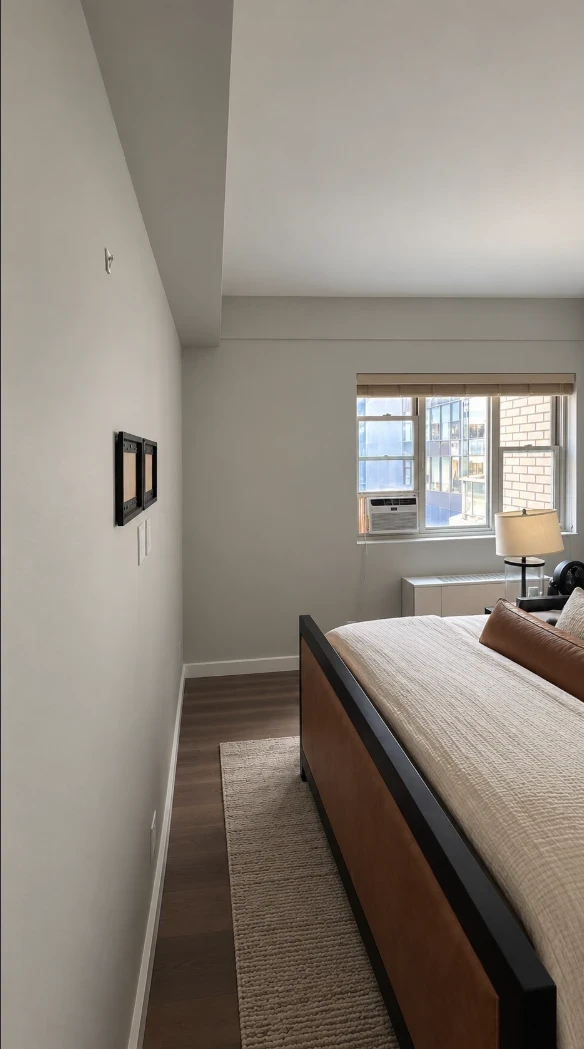 Apartment bedroom with a long, smooth soft gray wall with framed art, white baseboards, wood-look floors and a window at the far end