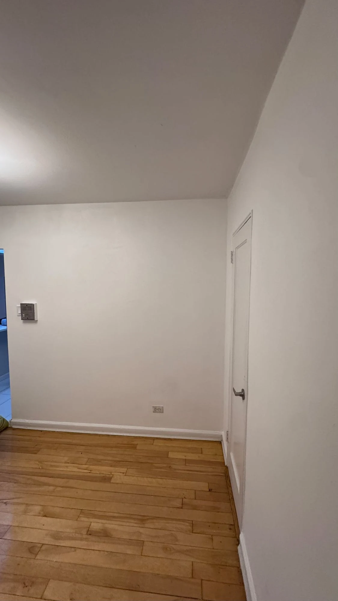 Corner of an apartment room with fresh white walls and ceiling, a white door and hardwood floors